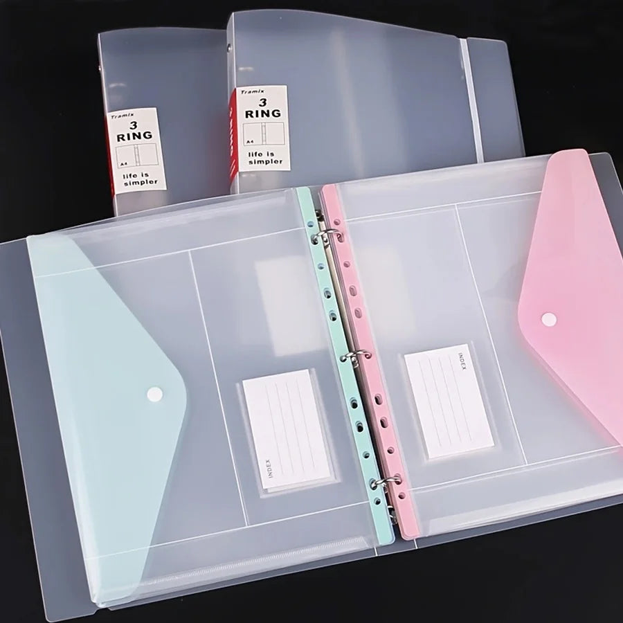 6pcs/set envelope binder pocket - 11-hole folder, for 2/3/4-ring binders, side-opening plastic folder with snap fasteners